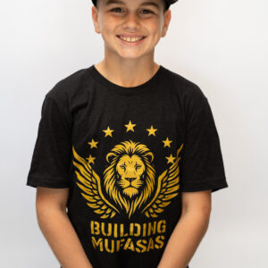 Black Building Mufasas t shirt with gold lion logo and Building Mufasas text on front